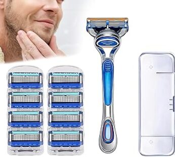 Azonee Gillette Fusion Razors for Men, 1 Razor, 8 Blade Refills, Lubrastrip for a More Comfortable S