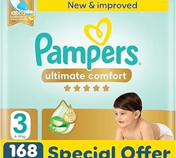 Pampers Ultimate Comfort Taped Diapers, Size 3, 6-10kg, Lotion infused with Aloe Vera and Vitamin E,