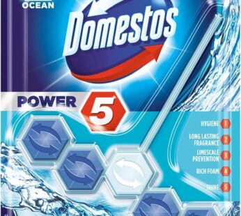 Domestos Power 5 Toilet Rim Block| Ocean Scented Toilet Rim Block For A Fresh & Germ-Free Toilet| Limescale Removal with Long Lasting Fragrance Up To 300 Flushes| Shine & Hygiene| 55gm