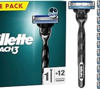 Gillette Mach3 Men’s Razor + 12 Razor Blade Refills, 3 Blades for a Smooth Shave, Fits All Mach3 Han