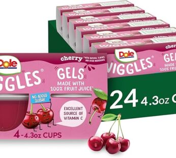 Dole Wiggles No Sugar Added Cherry Fruit Juice Gel Snacks, 4.3oz 24 Total Cups, Gluten & Dairy Free,