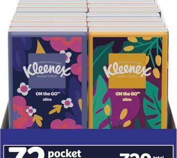 Kleenex On-The-Go Facial Tissues, 72 On-The-Go Packs (3 Trays of 24 Packs), 10 Tissues per Box (720 Total Tissues), 3-Ply, Packaging May Vary