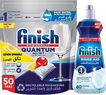 Finish Powerball Quantum All in 1 for Deep Clean & Sparkling Shine, Lemon Sparkle – 50 tabs + Finish