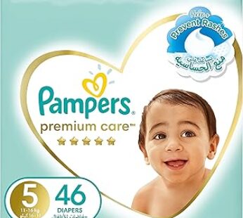 Pampers Premium Care Taped Baby Diapers, Size 5, 11-16kg, Unique Softest Absorption for Ultimate Skin Protection, 46 Count