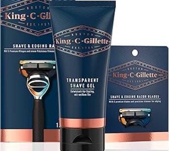 King C. Gillette Shaving Set with Men’s Razor and Beard Care, Beard Razor + 4 Razor Blades + Shaving Gel, Value Pack