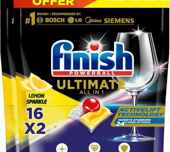 Finish Powerball Ultimate All in 1 Lemon Sparkle Dishwasher Tablets For Clean and Shine, 32 Tabs (16