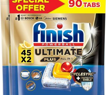 Finish Powerball Ultimate Plus, Infinity Shine Dishwasher Detergent Tablet, Lemon Fragrance, No Pre-Rinse Needed, Cyclesync & Protector Shield, 45 Tabs (Pack of 2)