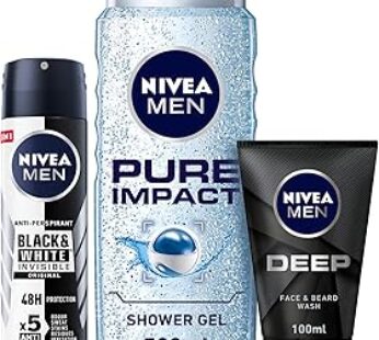 NIVEA MEN Bundle Antiperspirant, Black & White Original, Spray 150ml + Face Wash, DEEP, 100ml + Sho