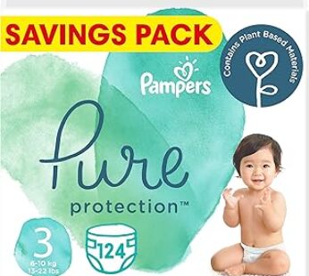 Pampers Pure Protection Dermatologically Tested Diapers, Size 3, 124 Diaper Count