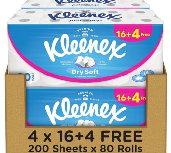 Dry Soft Toilet Tissue Paper, 2 PLY, 80 Rolls x 200 Sheets, Embossed Bathroom Tissue with a Touch Of Cotton