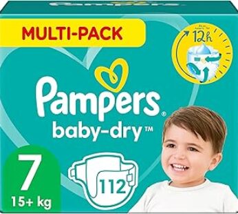 Pampers Baby Nappies Size 7 (15+ kg/33 Lb), Baby-Dry, 112 Nappies, MONTHLY SAVINGS PACK, Up To 12h O