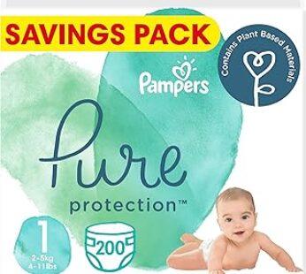 Pampers Pure Protection Dermatologically Tested Diapers, Size 1, 2-5kg, 200 Diaper Count