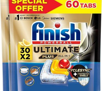 Finish Powerball Ultimate Plus, Infinity Shine Dishwasher Detergent Tablet, Lemon Fragrance, No Pre-Rinse Needed, Cyclesync & Protector Shield, 30 Tabs (Pack of 2)