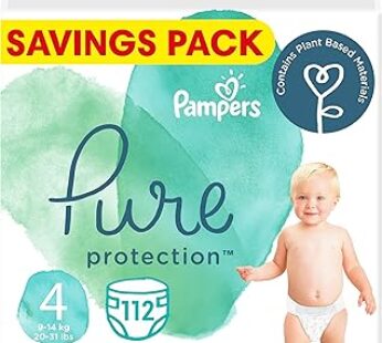 Pampers Pure Protection Dermatologically Tested Diapers, Size 4, 112 Diaper Count