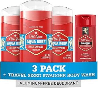 Old Spice Men’s Deodorant Aluminum-Free Aqua Reef, 3.0oz Pack of 3 with Travel-Sized Swagger Body Wa